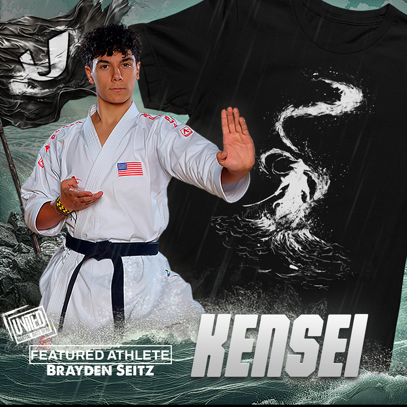 Black T-shirt featuring a samurai surrounded by swirling water, symbolizing calm in a storm Banner