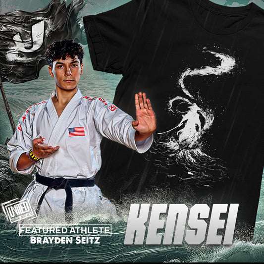 Black T-shirt featuring a samurai surrounded by swirling water, symbolizing calm in a storm Banner