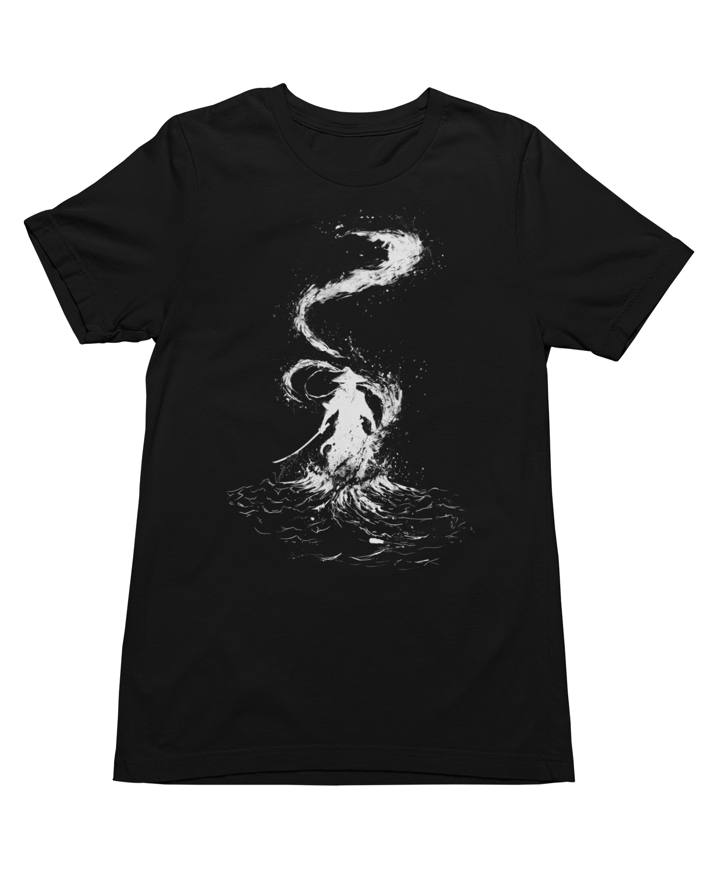 Black T-shirt featuring a samurai surrounded by swirling water, symbolizing calm in a storm Front