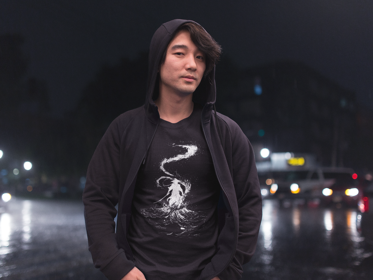 Black T-shirt featuring a samurai surrounded by swirling water, symbolizing calm in a storm Man